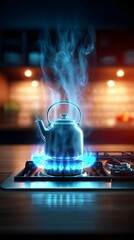 Teal kettle on a sustainable stove, vibrant flames dancing beneath, with crisp steam rising in cozy ambient lighting.