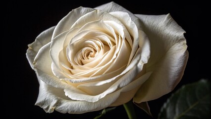Close-up of white rose on black background. Detailed macro shot of a white rose in bloom, highlighting its delicate petals and soft texture against a dark background