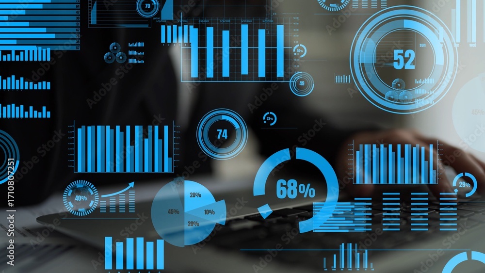 Poster explore the world of digital data visualization showcasing vibrant blue charts and graphs on a lapto