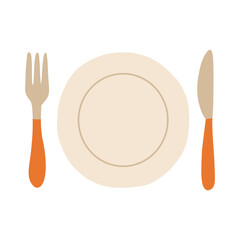 A plate with a fork and knife on it. The plate is white and the fork and knife are orange
