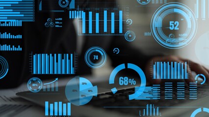 Explore the world of digital data visualization showcasing vibrant blue charts and graphs on a laptop keyboard, emphasizing insights and professional analysis. Xenic