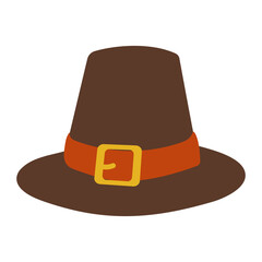 A brown hat with a gold buckle and orange strap. The hat is a symbol of Thanksgiving. 