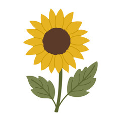 A yellow sunflower with a green leaf. The flower is the main focus of the image, and the leaf is a secondary element. The image has a bright and cheerful mood