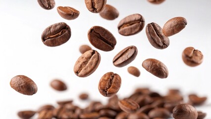 Flying Coffee Beans Isolated on White Background. Roasted coffee beans captured in mid-air against a white background, symbolizing freshness, aroma, and energetic coffee culture