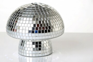 Mirror Disco Mushroom Decoration on White Background. Reflective mushroom-shaped ornament covered in mirror tiles, combining retro disco style with modern decorative design on white surface