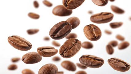 Falling Roasted Coffee Beans on White Background. Dynamic close-up image of roasted coffee beans in mid-air, isolated on white background, ideal for food, drink, or caffeine concepts