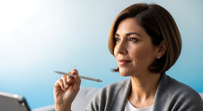 A thoughtful businesswoman holding a stylus, looking away from the camera with a tablet in the foreground.