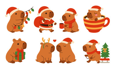 A set of cute cartoon animals wearing Santa hats and Christmas clothing. Some of the animals are holding gifts, while others are drinking coffee or sitting in front of a Christmas tree