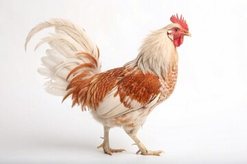 Fototapeta premium Colorful rooster standing on white background A vibrant rooster with red and white feathers standing proudly on a plain white studio background, ideal for farm-themed visuals