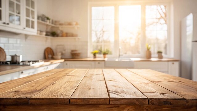 Sunlit wooden kitchen table in cozy interior. Rustic wooden tabletop in a bright, modern kitchen with warm morning sunlight streaming through large windows in the background