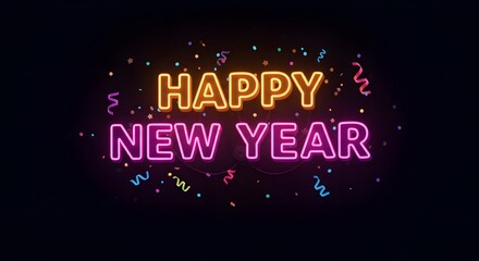 Vibrant Happy New Year neon sign with festive confetti. New Year's Eve celebration background.