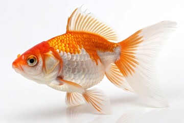 Colorful Goldfish Isolated on White Background. Vibrant orange and white goldfish swimming, isolated on a clean white background, perfect for aquarium, pet, or aquatic themes