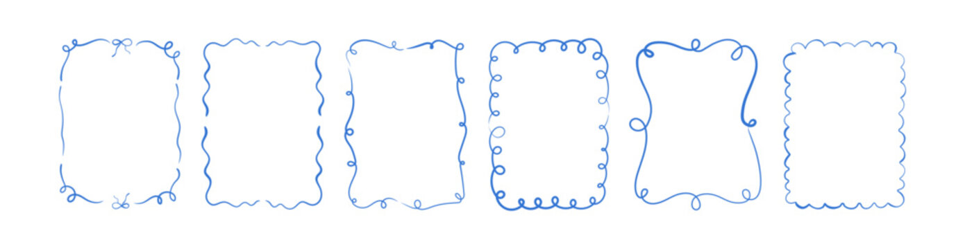Whimsical hand-drawn frames with wavy squiggle curly ribbons in trendy and vintage styles. Vector playful border frames suitable for trendy invitations and cards