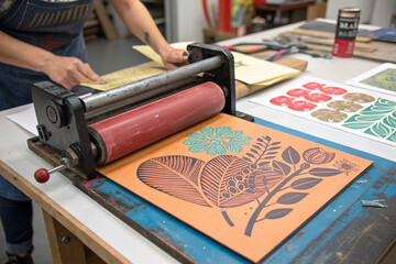 Artist Using Printmaking Press for Linocut Art. Hands of an artist operating a printmaking press to create colorful linocut prints with botanical designs in a studio workspace