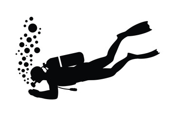 Silhouette of a scuba diver ascending with bubbles