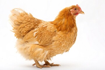 Fototapeta premium Buff Orpington chicken isolated on white background. Side view of a fluffy Buff Orpington hen standing against a clean white background, showcasing its soft golden feathers and farm charm