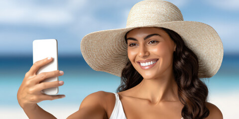 Female influencer taking a selfie on a tropical beach, enjoying vacation. Social media content creation