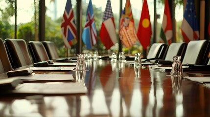 Business table featuring flags of ASEAN nations and the US, highlighting in-depth discussions and collaboration.