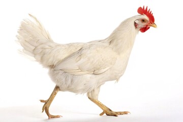 Fototapeta premium White chicken walking on white background. Side view of a white chicken in motion with red comb and yellow legs, isolated on clean white background for farming themes