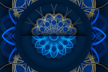 Elegant glowing blue mandala with golden star like pattern on deep blue abstract design