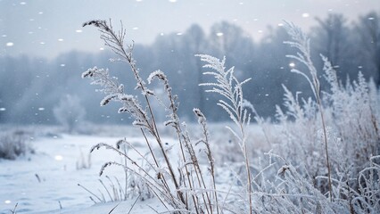 Winter Landscape with Frosty Grass and Snowfall. Frozen grass in snowy field during gentle snowfall, with a misty forest background creating a peaceful winter scene