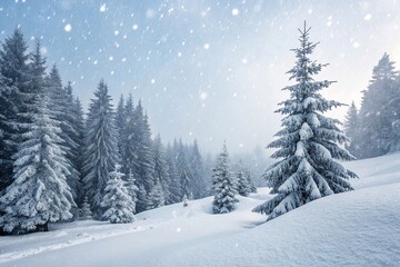 Snowfall in serene winter pine forest. Peaceful snowy landscape with dense pine trees covered in fresh snow during a gentle winter snowfall in a mountain forest