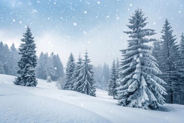 Fototapeta premium Snowy Winter Forest with Falling Snowflakes and Pine Trees. Snow-covered pine trees, falling snowflakes, white hills, foggy background, winter forest. Perfect for holiday cards, seasonal editorials