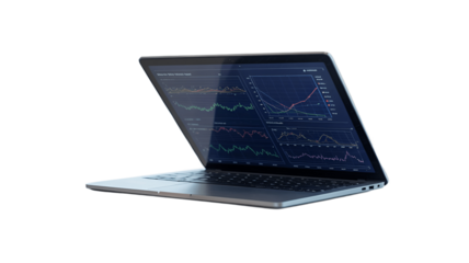 Laptop displaying a chart with data on its screen.