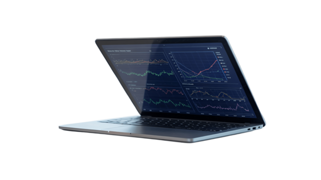 Laptop displaying a chart with data on its screen.