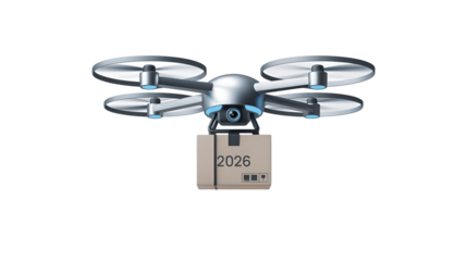 A drone flying in the sky and delivering a package.