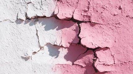 Detailed close up of cracked pink and white painted wall showing peeling plaster, rough concrete texture, weathered surface, and distressed abstract background for design and decoration use