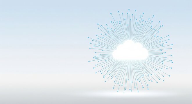 Abstract cloud computing network with radiating lines and data points on a light blue gradient background