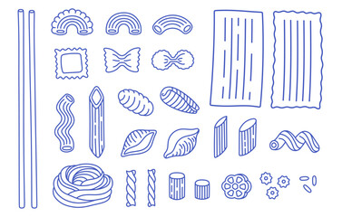 Outline different types of pasta. Hand drawn doodle macaroni, farfalle, penne, fusilli, stellino, ruot, ditalini. Italian cuisine gourmet food elements. Vector illustration in trendy flat style