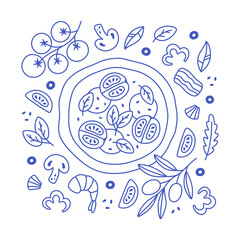 Hand drawn Italian pizza design for banner, background, card, poster, menu. Outline mediterranean italian pizza with ingredients. Vector illustration in trendy flat style