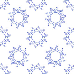 Seamless pattern with cute doodle suns in mediterranean blue. La dolce vita hand drawn suns. Minimal magic abstract outline suns pattern. Vector illustration in flat style