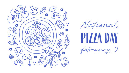 Hand drawn Italian pizza design for banner, background, card, poster, menu. Outline mediterranean italian pizza design. Vector illustration in trendy flat style