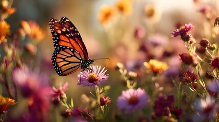 Monarch butterfly dances over a vibrant meadow, basking in the warm afternoon sun amidst soft focus flowers.