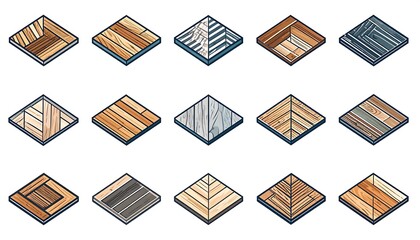 Isometric illustrations of various hardwood and stone floor tiles, showcasing different wood grain patterns and stone textures, designed for use in digital  assets.