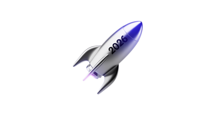 A shiny rocket soaring into the future with the year 2026 on it.