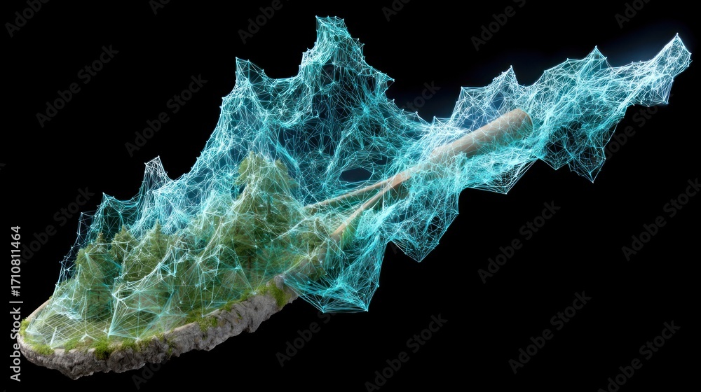 Poster abstract mountain landscape enveloped in a digital net
