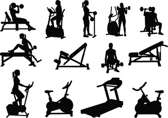 Gym equipment silhouette vector, fitness exercises, workout machines, dumbbell training, elliptical, treadmill, leg press, active lifestyle, health concept, sports illustration