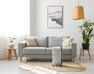 A modern living room, bathed in natural light, showcases a comfortable gray sofa, a woven pendant lamp, and a stylish space heater, creating a serene and inviting atmosphere.