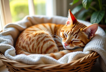 A graceful ginger cat curled up and sleeping in a cozy wicker basket, soft blanket, morning sunbeam, peaceful and warm