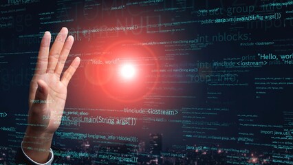 A captivating scene featuring a hand gesture against a backdrop of flowing code, set in a bustling night city, encapsulating the essence of digital innovation and technology. Xenic