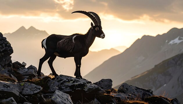 Majestic mountain goat at sunset