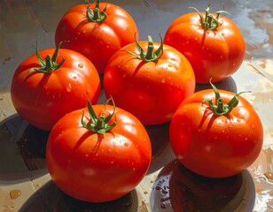Vibrant crimson tomatoes under sunlit display
