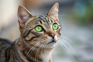 Fototapeta premium Green-eyed Tabby Cat Gazes Curiously at Surroundings in Warm Sunlight