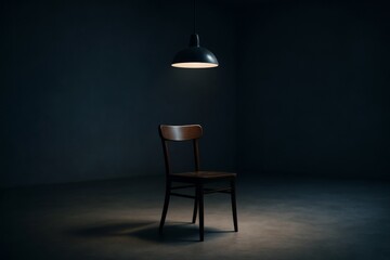 A wooden chair placed under a hanging lamp in a dark room, realistic style, concrete floor, concept of loneliness or interrogation