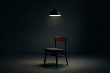 A single wooden chair is illuminated by an overhead lamp in a dark room, captured in a moody realistic style, symbolizing solitude or suspense
