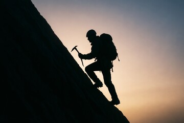 Silhouette of a climber scaling a steep mountain slope with an ice axe at sunset, captured in natural light, symbolizing adventure and determination